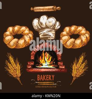 Digital color vector detailed line art golden braided bread, rolling pin, wheat, chef hat and red brick oven with woods on fire hand drawn set. Vintag Stock Vector