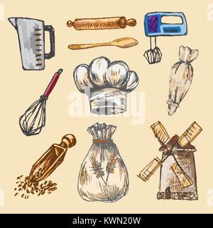Digital color vector detailed line art pastry cream bag, chef hat, rolling pins, mixer, wheat, measuring cup and flour sack hand drawn set. Vintage in Stock Vector