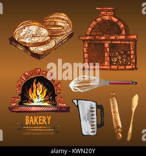 Digital color vector red brick oven with woods on fire, measuring cup, round sliced bread, rolling pin, wooden paddle, whisk hand drawn set. Vintage i Stock Vector