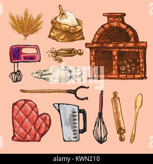 Digital color vector detailed line art pastry cream bag, oven glove, rolling pins, mixer, wheat, measuring cup and flour sack hand drawn set. Vintage  Stock Vector