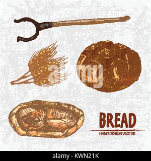 Digital color vector detailed line art golden loaf of round bread, khachapuri, oven fork and wheat hand drawn retro set. Thin pencil outline. Vintage  Stock Vector