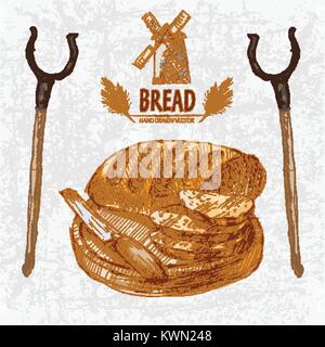 Digital color vector detailed line art golden loaf of baton bread sliced with wooden knife on chopping board, oven fork hand drawn set. Vintage ink fl Stock Vector