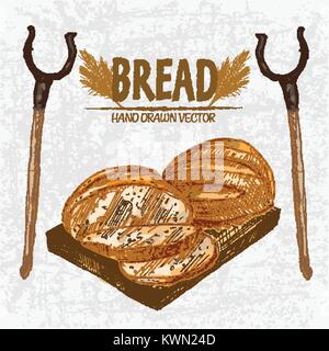 Digital color vector detailed line art golden loaves of round bread sliced on wooden cutting board, oven fork hand drawn set. Thin outline. Vintage in Stock Vector