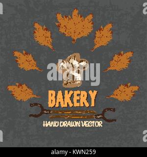 Digital color vector detailed line art golden bakery sign with wheat and oven forks hand drawn set. Thin pencil artistic outline. Vintage ink flat, mi Stock Vector