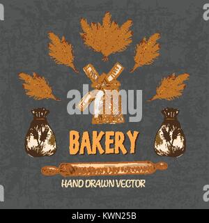 Digital color vector detailed line art golden bakery icon with wheat, rolling pin and flour sacks hand drawn set. Thin pencil artistic outline. Vintag Stock Vector