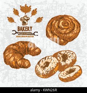 Digital color vector detailed line art golden croissant, roll, donuts, oven forks wheat and chef hat hand drawn illustration set. Vintage ink flat, en Stock Vector