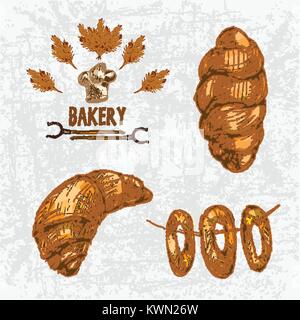 Digital color vector detailed line art golden croissant, roll, bagels on string, oven forks and chef hat hand drawn illustration set. Vintage ink flat Stock Vector