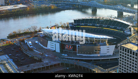 An aerial of Paul Brown Stadium, Cincinnati, Ohio home to the Cincinnati Bengels Stock Photo