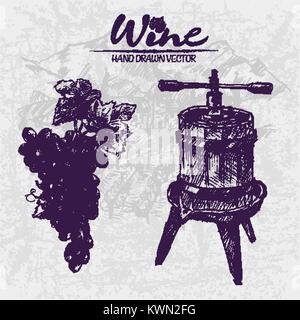 Digital color vector detailed line art black grape bunch with leaves and wooden wine press hand drawn illustration set. Thin pencil outline. Vintage i Stock Vector