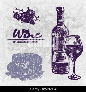 Digital color vector detailed line art wine bottle and glass, stacked wooden barrels and black grape bunch with leaves hand drawn illustration set. Vi Stock Vector