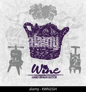 Digital color vector detailed line art grape bunches in wooden braided basket, wine press and leaves hand drawn illustration set. Thin outline. Vintag Stock Vector