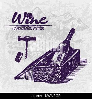 Digital color vector detailed line art wine bottle in wood box and corkscrew with cork hand drawn illustration set. Thin pencil artistic outline. Vint Stock Vector