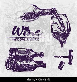 Digital color vector detailed line art wine pouring from bottle to glass, stacked and corkscrew hand drawn illustration set. Thin artistic outline. Vi Stock Vector