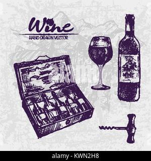 Digital color vector detailed line art premium wooden box with wine bottles, corkscrew and glass half full hand drawn illustration set outlined. Vinta Stock Vector