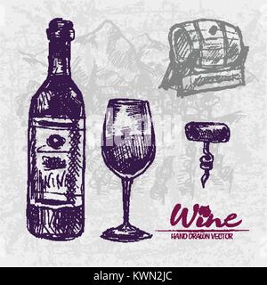 Digital color vector detailed line art wooden barrel, wine bootle, glass half full and corkscrew hand drawn retro illustration set. Vintage ink flat,  Stock Vector