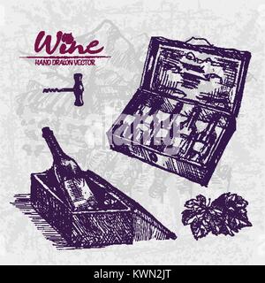 Digital color vector detailed line art premium wooden box with wine bottles, corkscrew and glass half full hand drawn illustration set outlined. Vinta Stock Vector