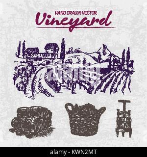 Digital color vector detailed line art purple wooden stacked wine barrels, basket and wine press hand drawn illustration set outlined. Vintage ink fla Stock Vector