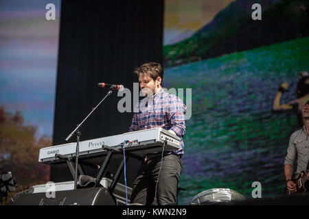 The English indie rock band Scouting For Girls performs a live concert at the main stage at the Barclaycard British Summer Time festival 2014 at Hyde Park, London. Here lead singer and keyboardist Roy Stride is pictured live on stage. UK 06.07.2014. Stock Photo