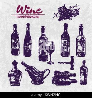 Digital color vector detailed line art different shapes of wine bottles, glass half full, stacked, ice bucket, pitcher and corkscrew hand drawn set. V Stock Vector