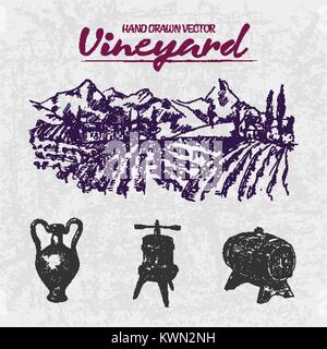 Digital color vector detailed line art purple wooden wine barrel, pitcher and wine press hand drawn illustration set. Thin outline. Vintage ink flat,  Stock Vector