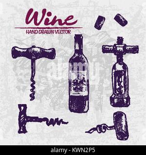 Digital color vector detailed line art wine glass bottle and different wing corkscrews hand drawn illustration set. Thin pencil artistic outline. Vint Stock Vector