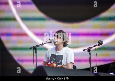 The English rock band Spiritualized performs a live concert at the main stage at the Barclaycard British Summer Time festival 2014 at Hyde Park, London. Here lead singer and guitarist Jason Pierce is picttured live on stage. UK 05.07.2014. Stock Photo