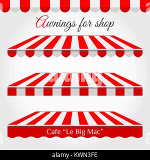 Striped Awnings for Shop in Different Forms. Red and White Awning with Sample Text Stock Vector