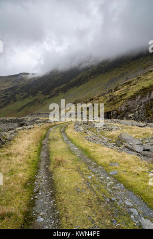 Rough track at Cwmorthin quarry near Blaenau Ffestiniog, North Wales. Stock Photo