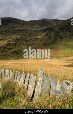 Traditional slate fencing at Cwmorthin quarry near Blaenau Ffestiniog, North Wales. Stock Photo