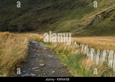 Traditional slate fencing at Cwmorthin quarry near Blaenau Ffestiniog, North Wales. Stock Photo