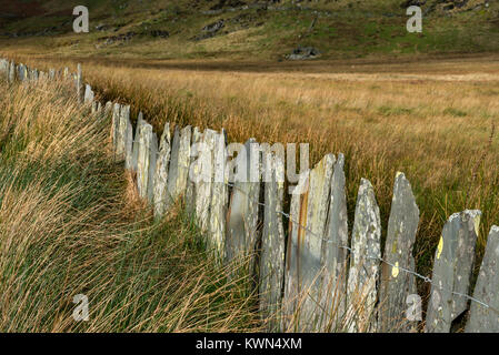 Traditional slate fencing at Cwmorthin quarry near Blaenau Ffestiniog, North Wales. Stock Photo