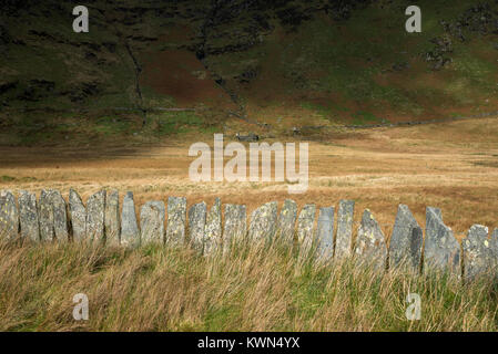 Traditional slate fencing at Cwmorthin quarry near Blaenau Ffestiniog, North Wales. Stock Photo