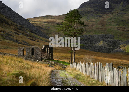 Ruins of old stone Chapel at Cwmorthin, an old quarry in the mountains near Blaenau Ffestiniog, North Wales. Stock Photo