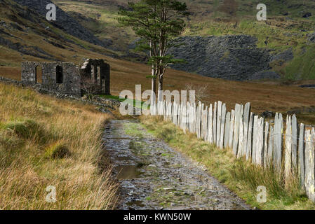 Ruins of old stone Chapel at Cwmorthin, an old quarry in the mountains near Blaenau Ffestiniog, North Wales. Stock Photo