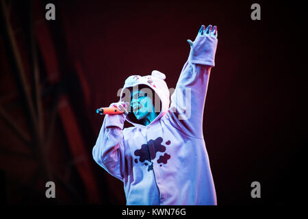 The South African rap duo Die Antwoord performs a live concert at Orange Stage at the Danish music festival Roskilde Festival 2015. The duo consists of the two rave-vocalist Ninja and YoLandi Visser (pictured) who perform lyrics in Afrikaans, Xhosa and English. Denmark, 03/07 2015. Stock Photo