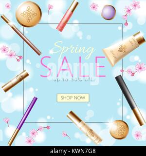 Realistic 3d cosmetic spring sale banner template. Square promotional poster decorative make up blue sky golden package pink sakura japanese flower frame flat lay vector illustration Stock Vector