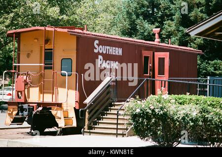 Antique caboose train car for the Southern Pacific railroad on display outside the Museum of the San Ramon Valley in Danville, California, June 27, 2017. Stock Photo