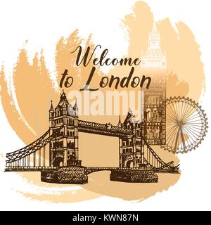 Set of hand drawn sketch style Tower Bridge, Big Ben and London Eye. Vector illustration isolated on white background. Stock Vector