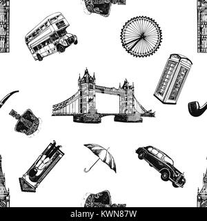 Seamless pattern of hand drawn sketch style England themed objects. Vector illustration isolated on white background. Stock Vector