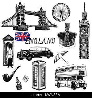 Set of hand drawn sketch style England themed objects. Vector illustration isolated on white background. Stock Vector