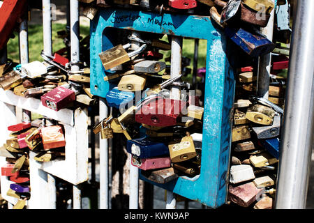 BUDAPEST, HUNGARY - 22 AUGUST 2017:Locks of people in love on a street fence in the center of the city, Stock Photo