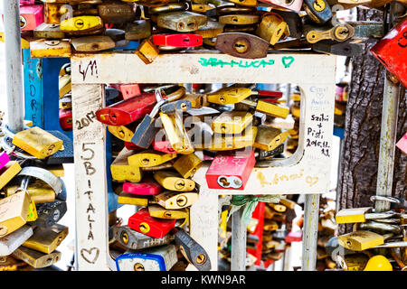 BUDAPEST, HUNGARY - 22 AUGUST 2017:Locks of people in love on a street fence in the center of the city, Stock Photo