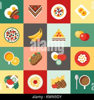 Digital vector breakfast meal fresh food and drinks color simple flat icon set with coffee eags, fruits and sweet cakes, isolated Stock Vector