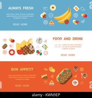 Digital vector breakfast meal fresh food and drinks color simple flat icon set with coffee eags, fruits and sweet cakes, isolated infographics website Stock Vector