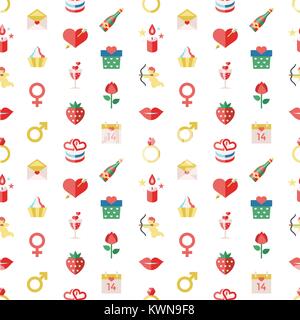 Digital vector february happy valentine's day and wedding celebration color simple flat icon set with red heart, angel and love isolated seamless patt Stock Vector