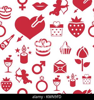 Digital vector february happy valentine's day and wedding celebration color simple flat icon set with red heart, angel and love isolated seamless patt Stock Vector