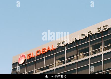 Close-up of signage with logo for technology company Global Foundries in the Silicon Valley town of Santa Clara, California, July 25, 2017. Stock Photo