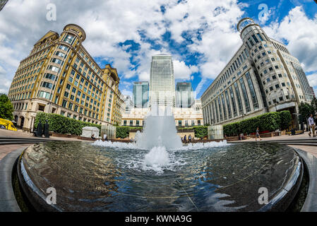 London, England. June 2017 Fish eye view of Cabot Square in Canary Wharf with the main fountain in the foreground. Stock Photo