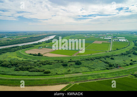 Ishikari Plain and Ishikari River, Urausu Town, Kabato District, Hokkaido, Japan Stock Photo