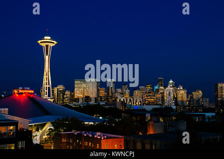 Colorful skyline of Seattle, Washington with the Needle. Night photography of city skyline. Stock Photo